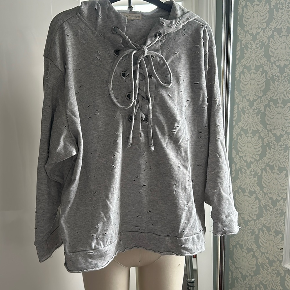 M Boutique Hot & Delicious Distressed Grey Sweatshirt Hoodie Size L Lace Up